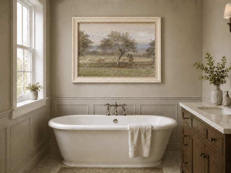 Peinture à l'huile de paysage - Rivière printanière avec pêcheur et arbres