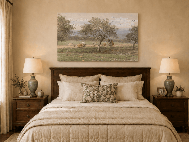 Peinture à l'huile de paysage - Rivière printanière avec pêcheur et arbres