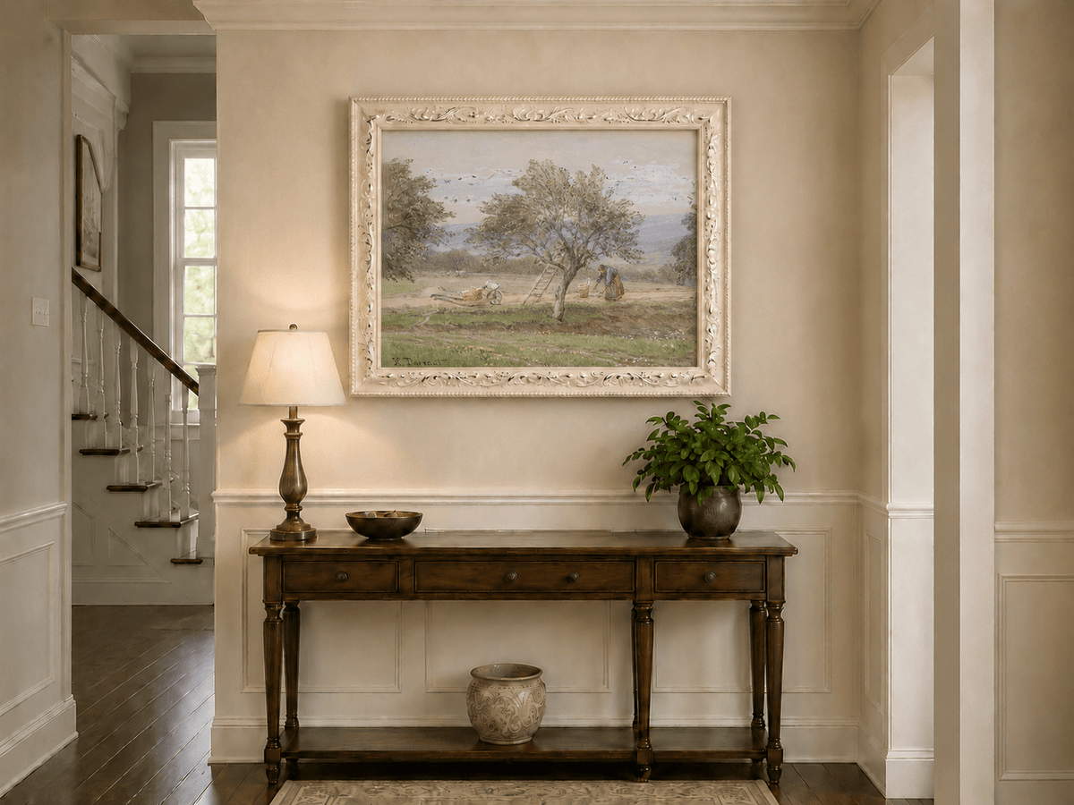 Peinture à l'huile de paysage - Rivière printanière avec pêcheur et arbres