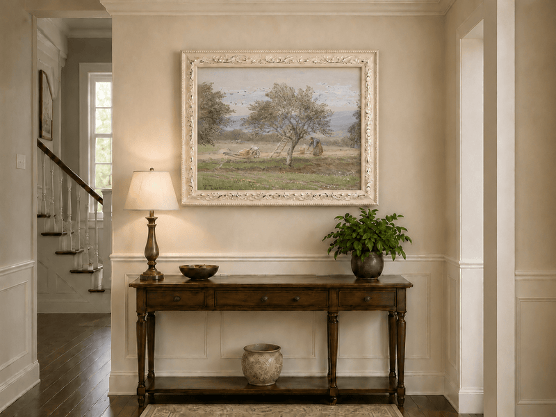 Peinture à l'huile de paysage - Rivière printanière avec pêcheur et arbres