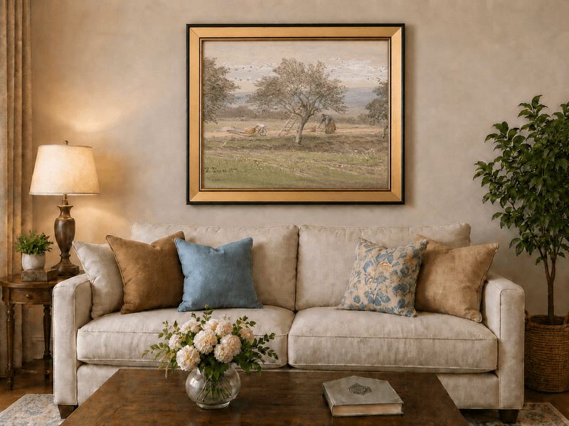 Peinture à l'huile de paysage - Rivière printanière avec pêcheur et arbres