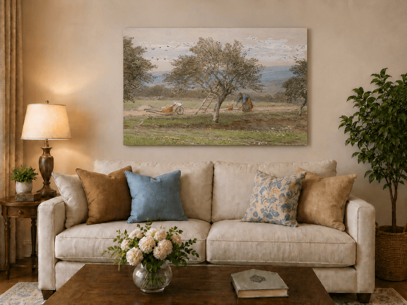 Peinture à l'huile de paysage - Rivière printanière avec pêcheur et arbres