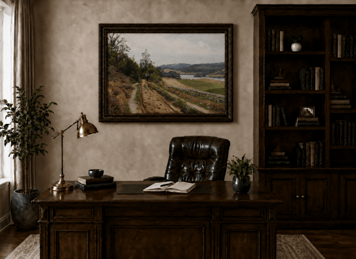 Ölgemälde Landschaft - Landweg am See
