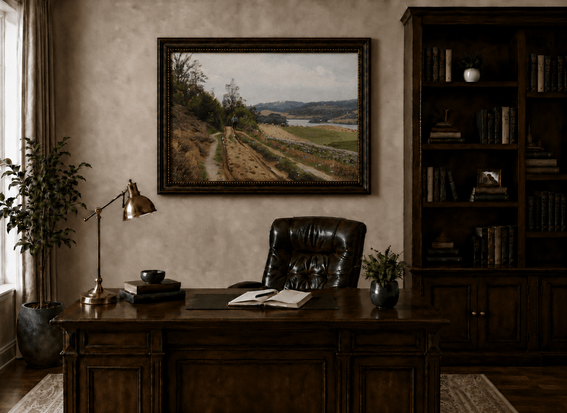 Ölgemälde Landschaft - Landweg am See