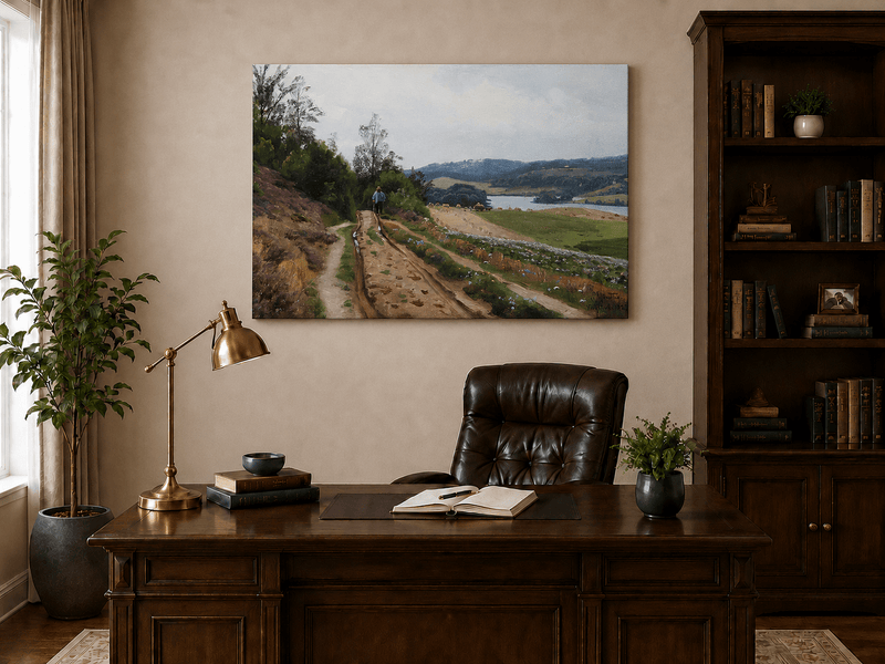 Ölgemälde Landschaft - Landweg am See