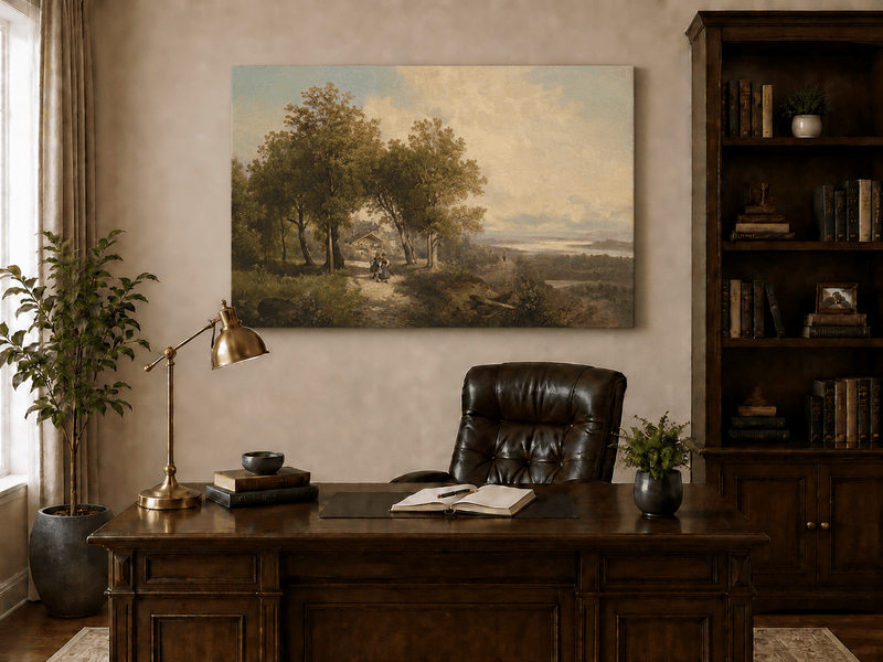 Landscape Oil Painting - Country Path with Figures, Trees