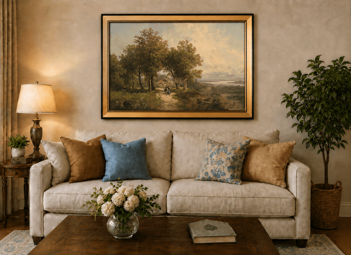 Landscape Oil Painting - Country Path with Figures, Trees