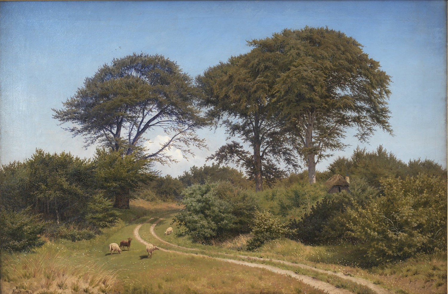 Landscape Oil Painting - Country Path with Sheep and Tall Trees - Oil Painting Haven