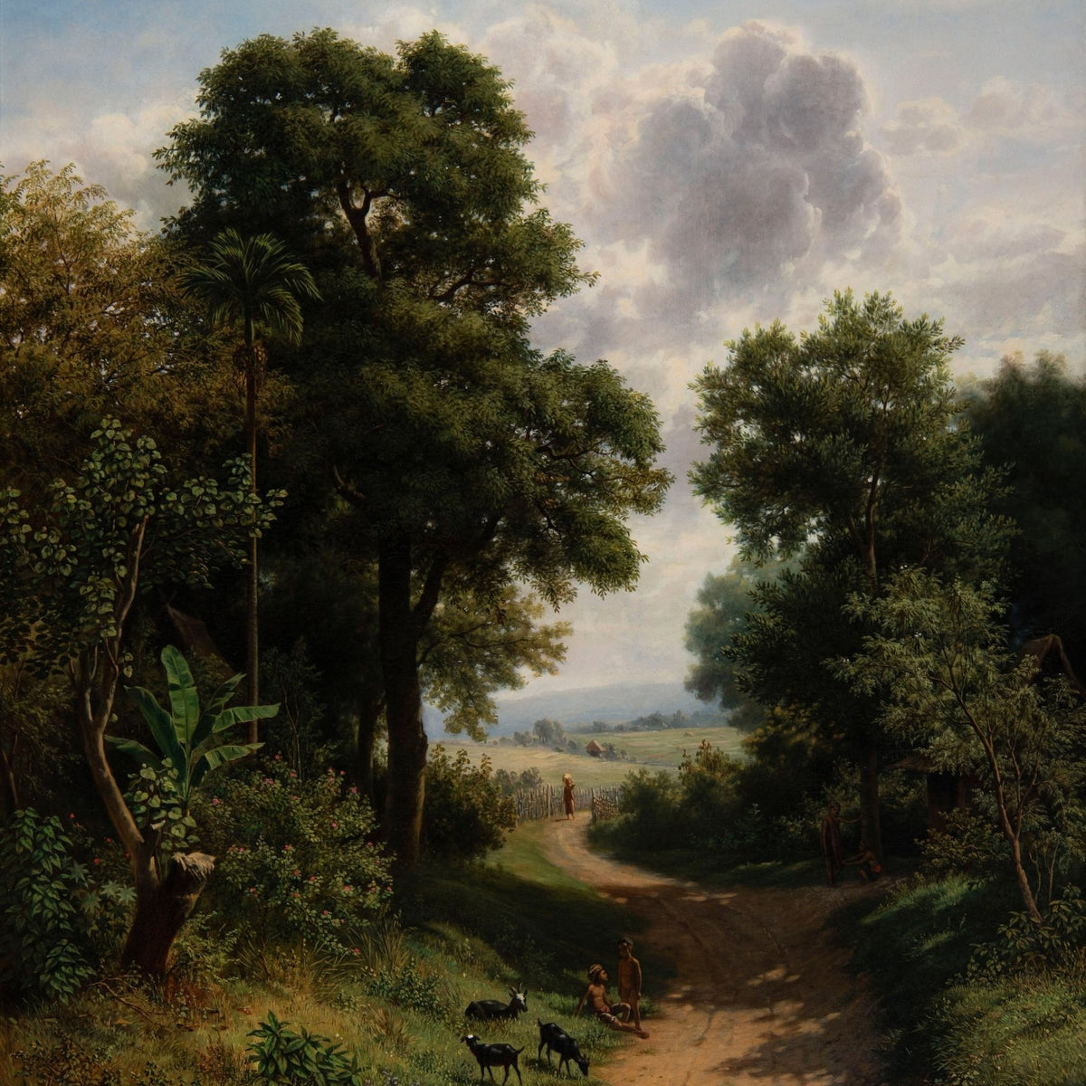 Hand-painted country path with trees and goats landscape oil painting on canvas