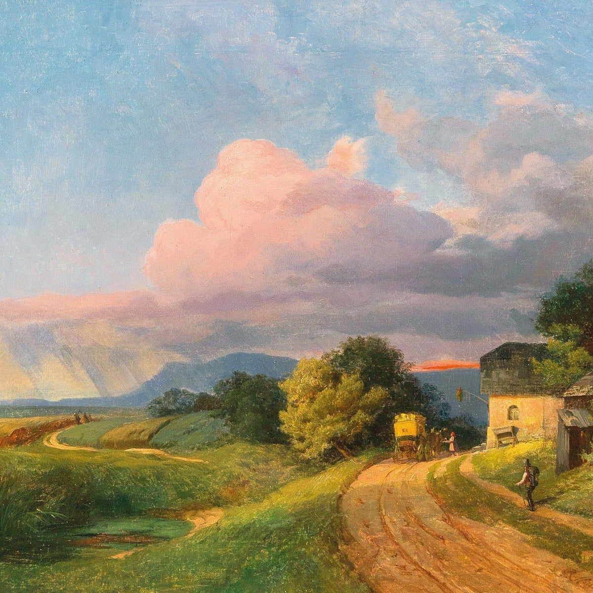 Landscape Oil Painting - Country Road and Farmhouse at Sunset - Oil Painting Haven