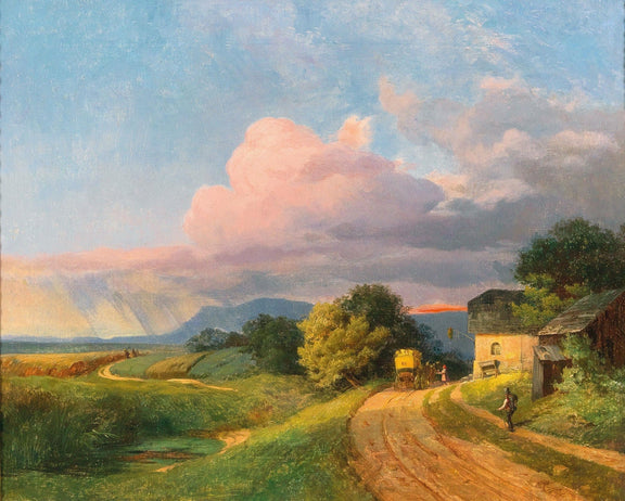 Landscape Oil Painting - Country Road and Farmhouse at Sunset - Oil Painting Haven