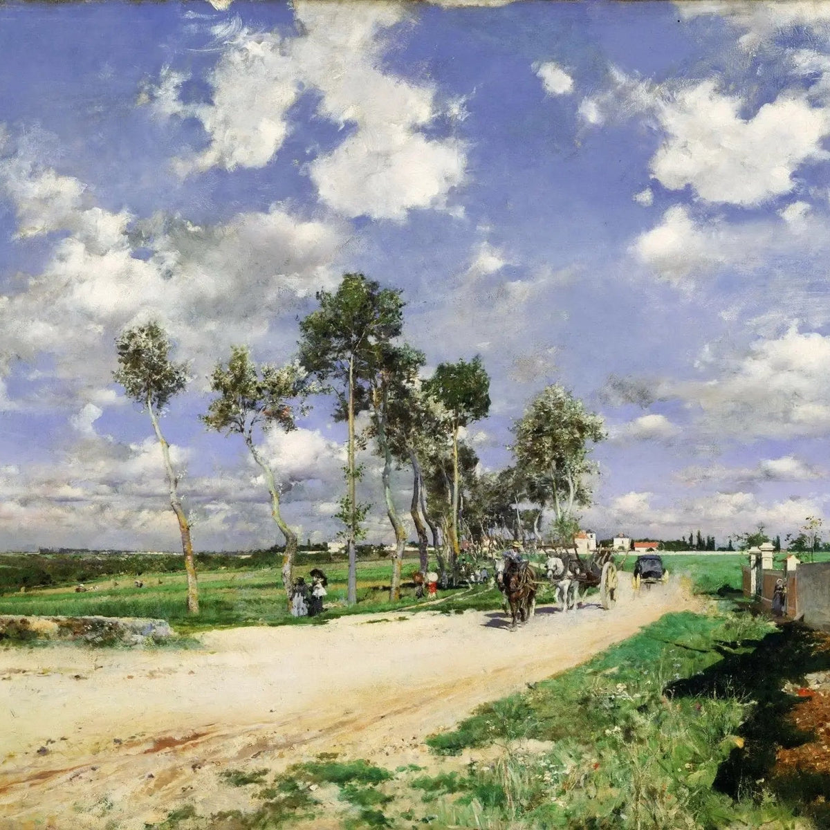 Landscape Oil Painting - Country Road with Figures, Horses and Carriages - Oil Painting Haven