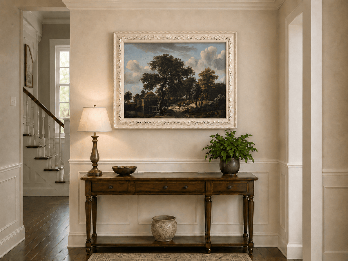 Landschaftsgemälde in Öl – Winterliche Flusslandschaft mit Figuren und Pferden