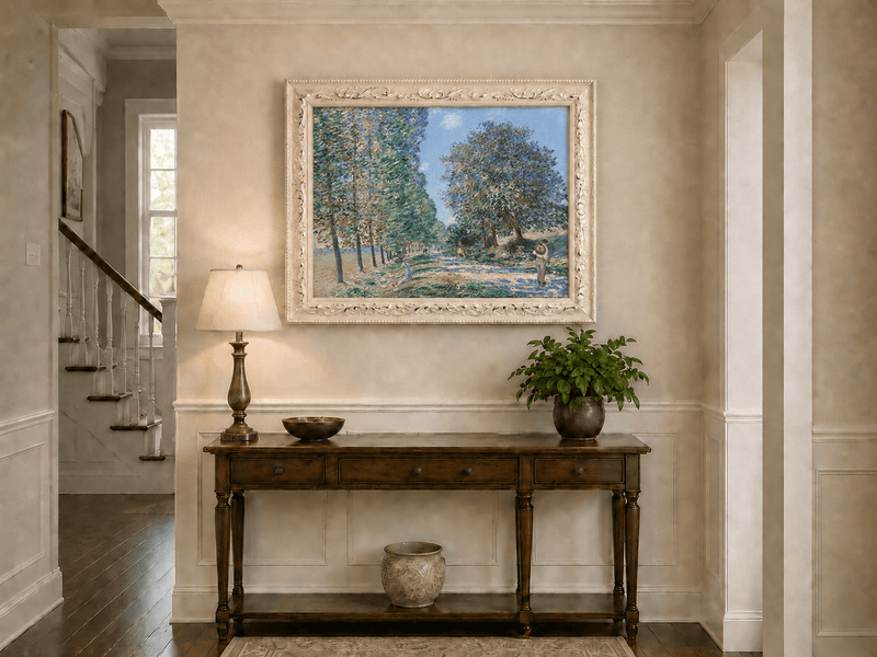 Country road, tall trees and cattle hand-painted oil artwork shown as home wall decor.