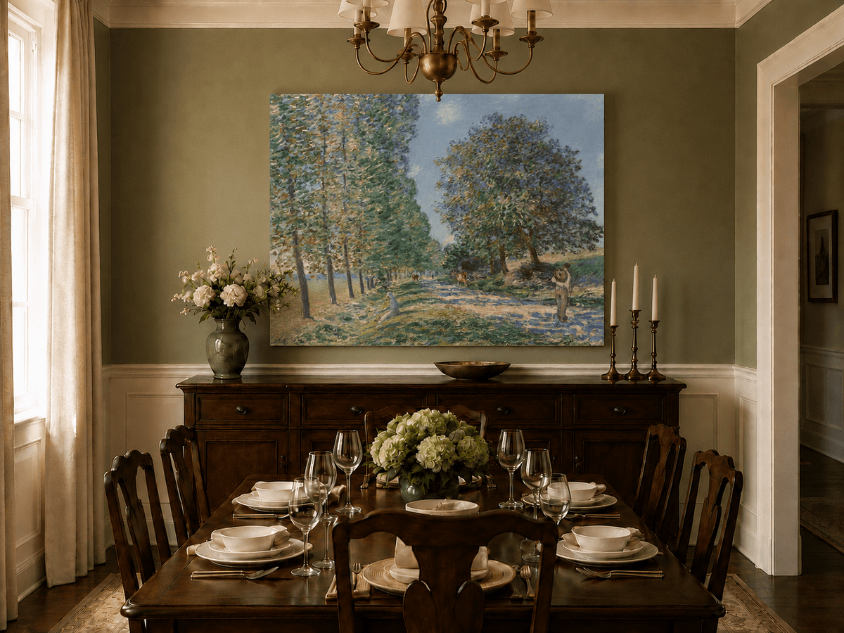 Hand-painted country road and trees landscape artwork in an interior display.