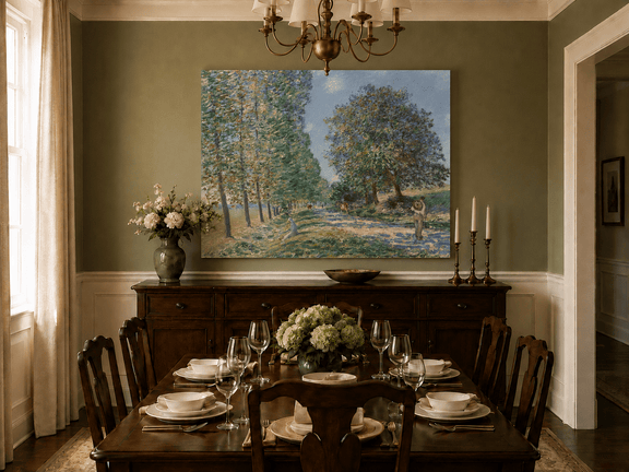 Hand-painted country road and trees landscape artwork in an interior display.
