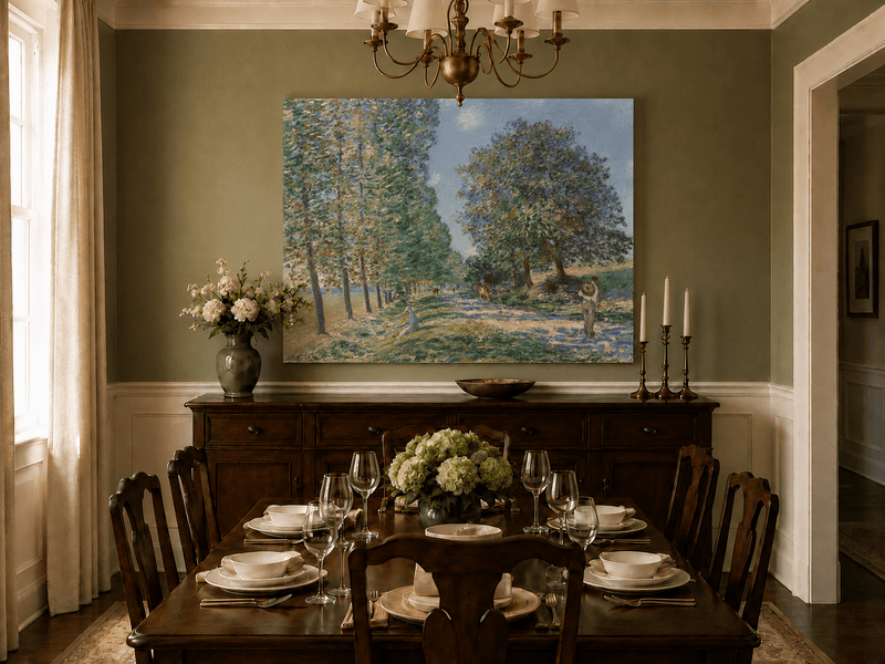 Hand-painted country road and trees landscape artwork in an interior display.