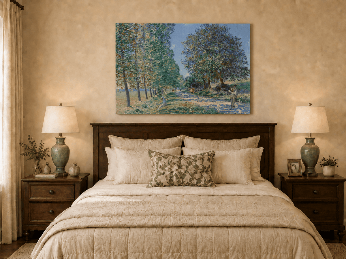 Country road with cattle oil painting displayed as landscape wall decor.