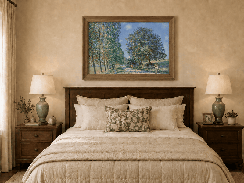 Hand-painted country road with trees and cattle displayed as decorative wall art.