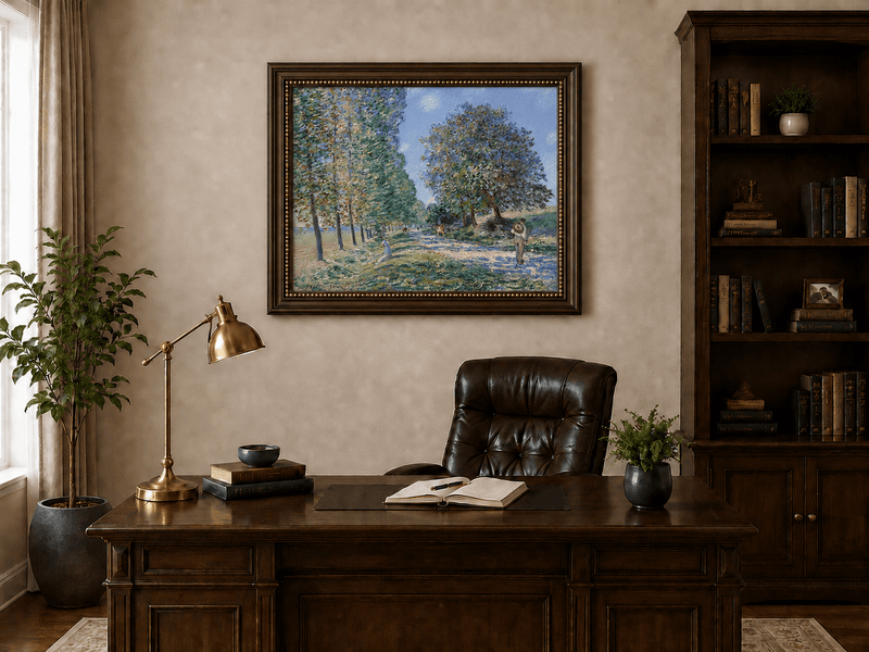 Cattle beside a tree-lined country road landscape oil painting presented in an interior wall art mockup.