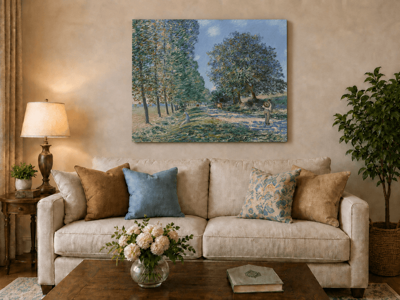 Country road and cattle hand-painted oil artwork displayed in a second interior view.