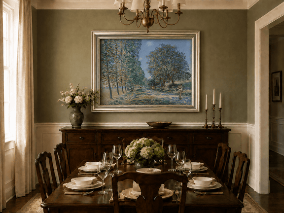 Country road and cattle oil landscape artwork shown in a styled home interior.