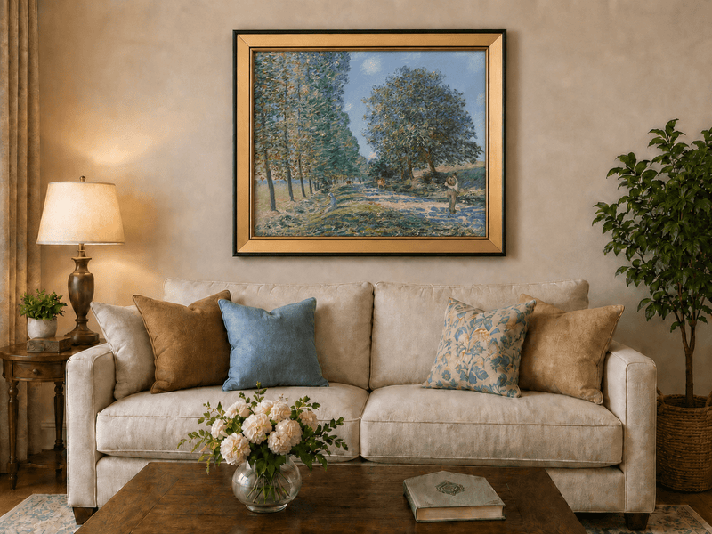 Country road with trees and cattle landscape oil painting displayed in a styled home interior.