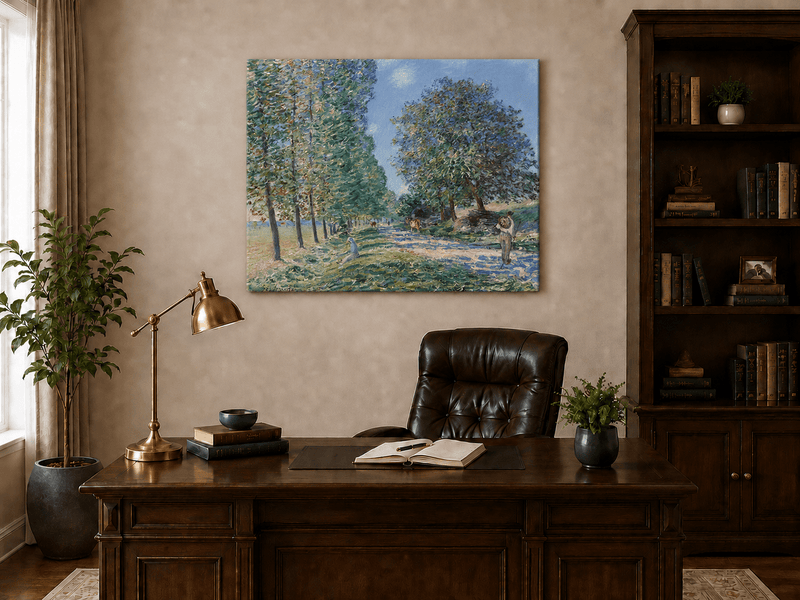 Interior wall art view featuring a country road with trees and cattle oil painting.