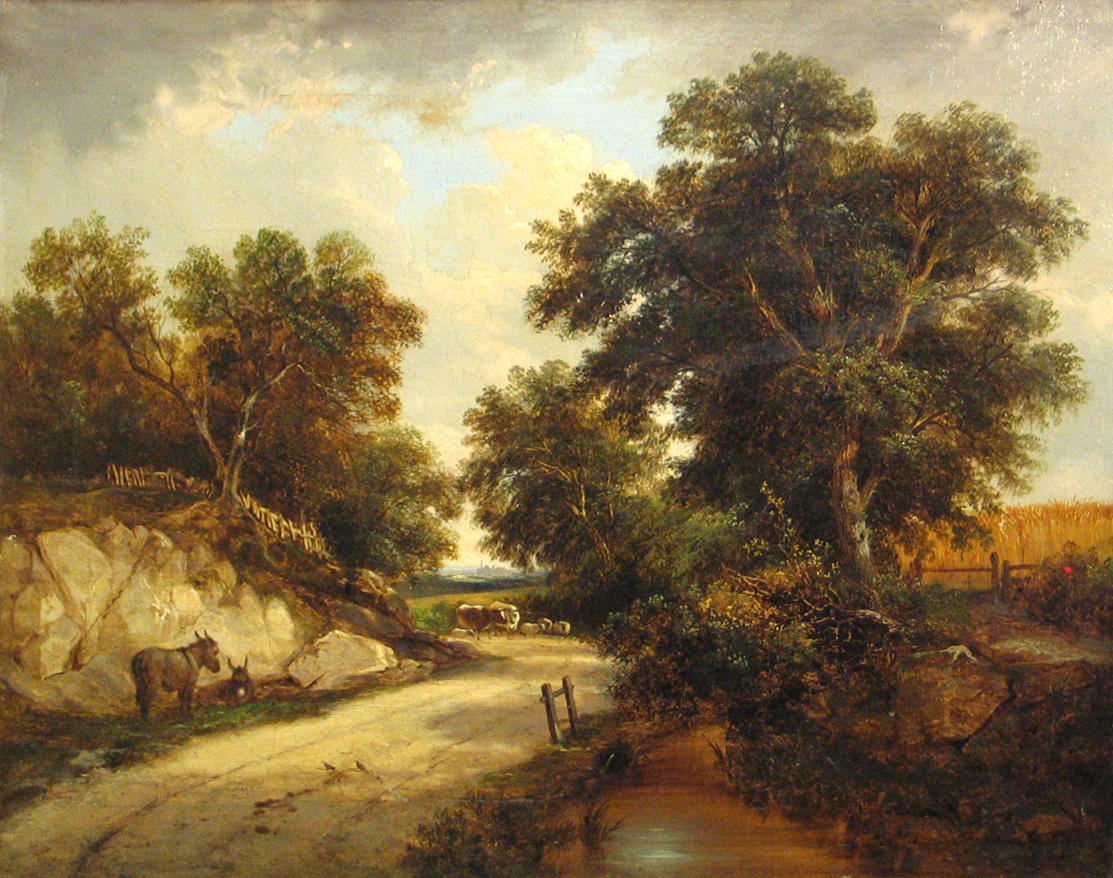 Hand-painted country road with trees and farm cart landscape oil painting on canvas