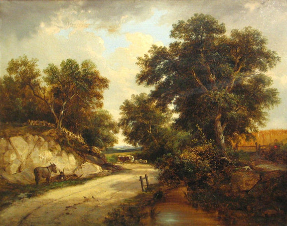 Hand-painted country road with trees and farm cart landscape oil painting on canvas