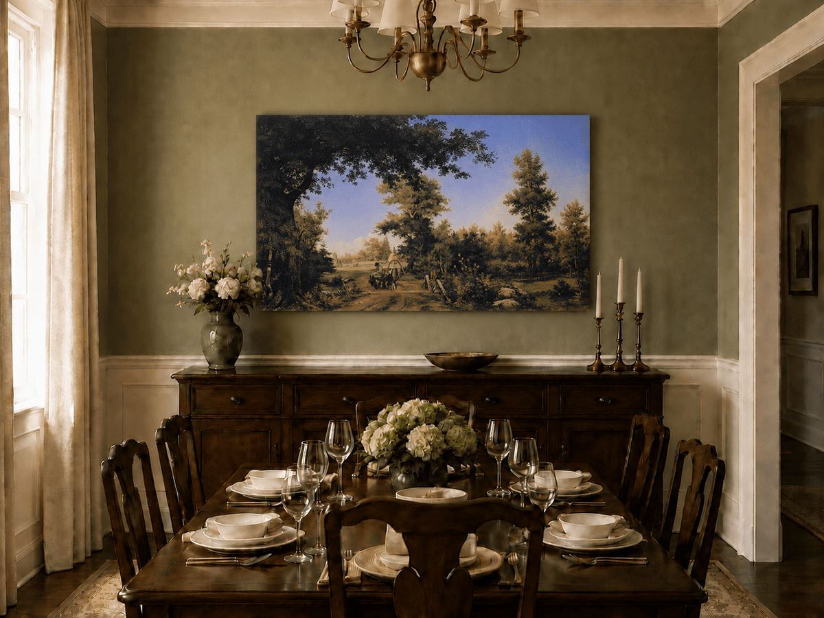 Peinture à l'huile de paysage - Gouffre rocheux spectaculaire avec personnages
