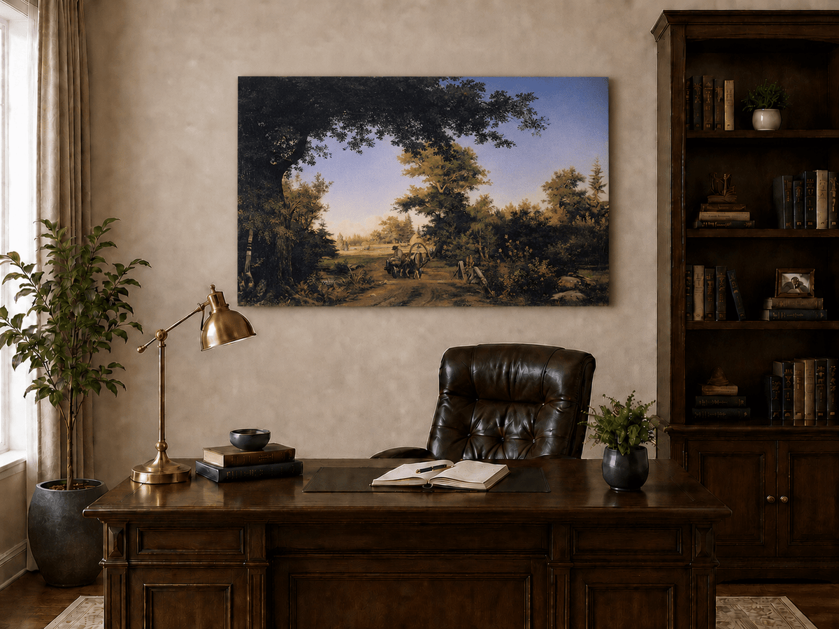 Peinture à l'huile de paysage - Gouffre rocheux spectaculaire avec personnages