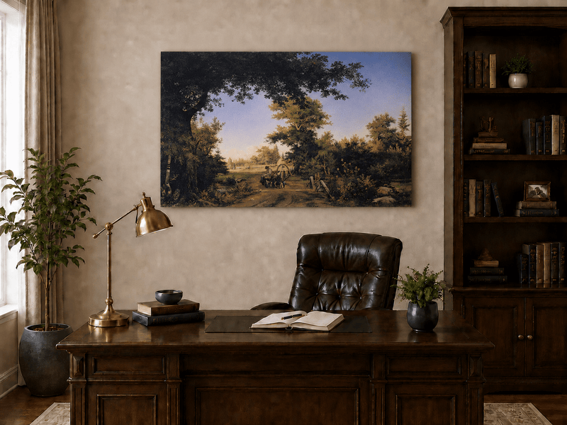 Peinture à l'huile de paysage - Gouffre rocheux spectaculaire avec personnages