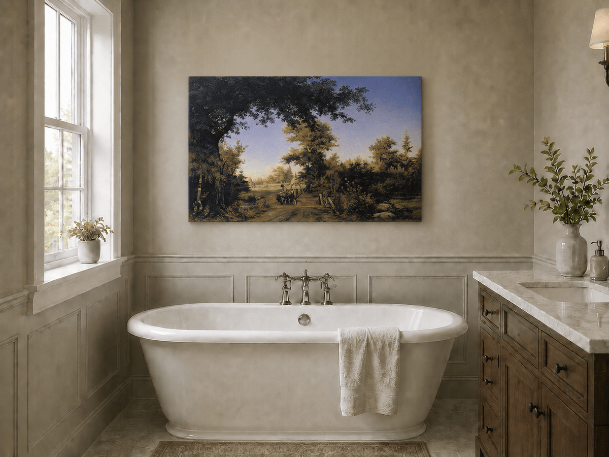 Peinture à l'huile de paysage - Gouffre rocheux spectaculaire avec personnages