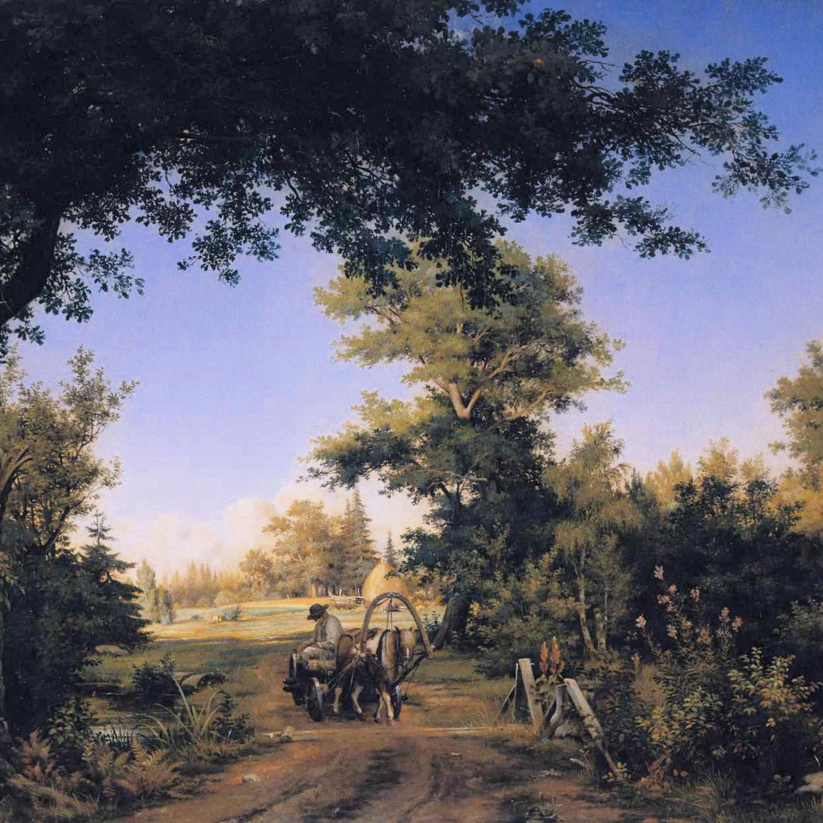 Hand-painted country road with wagon and trees landscape oil painting on canvas