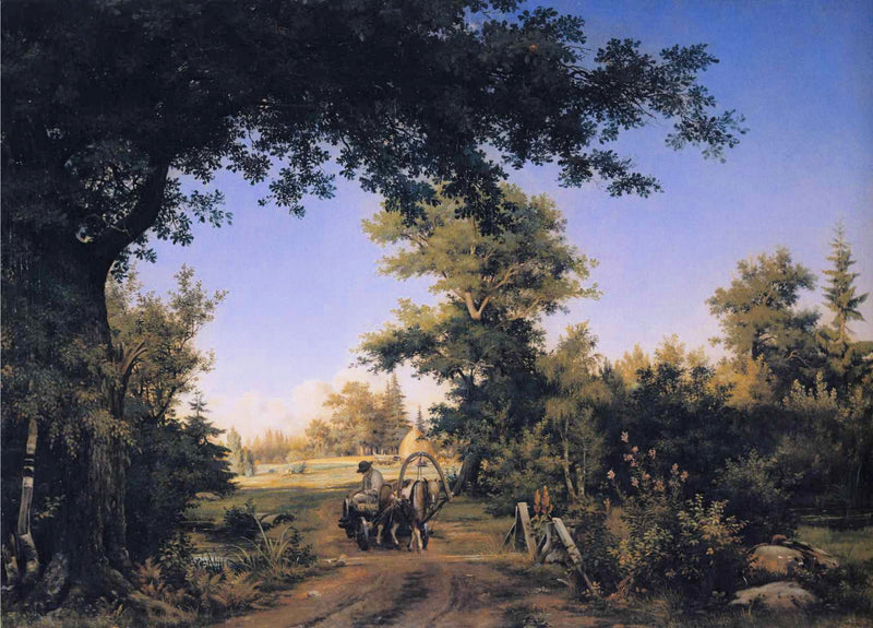 Hand-painted country road with wagon and trees landscape oil painting on canvas