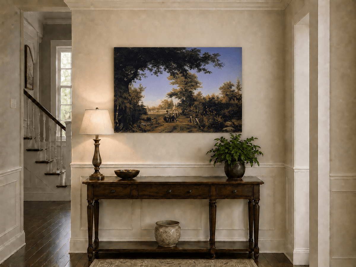 Peinture à l'huile de paysage - Gouffre rocheux spectaculaire avec personnages