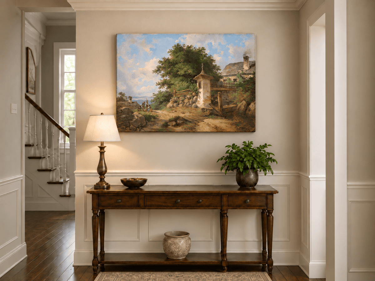 Landscape Oil Painting - Country Shrine and Village Path