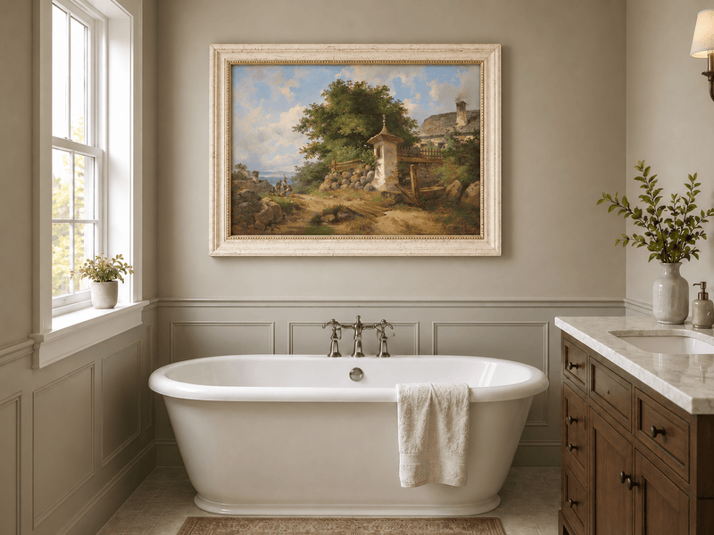 Landscape Oil Painting - Country Shrine and Village Path