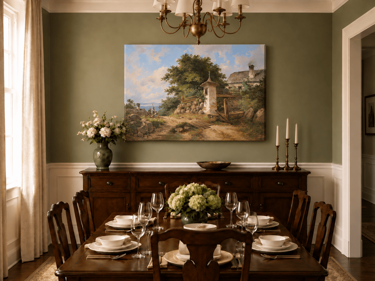 Landscape Oil Painting - Country Shrine and Village Path