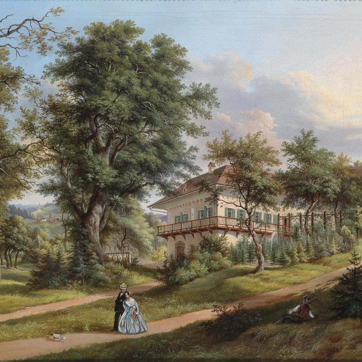 Landscape Oil Painting - Country Villa & Large Trees: Reclining Figure - Oil Painting Haven