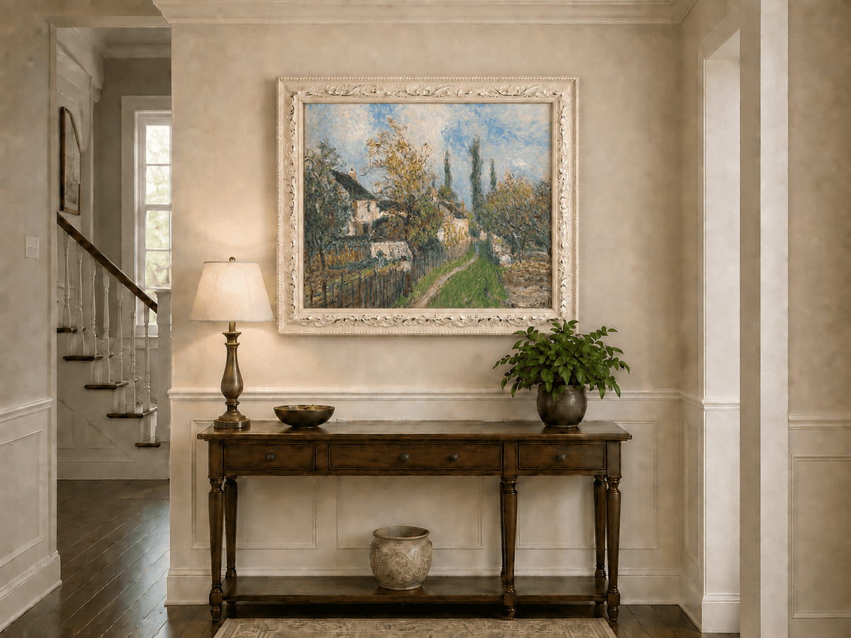 Spring countryside houses and garden path hand-painted oil artwork shown as home wall decor.