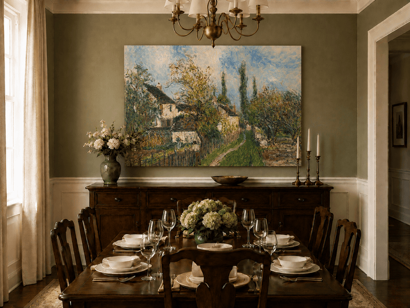 Hand-painted countryside garden path landscape artwork in an interior display.