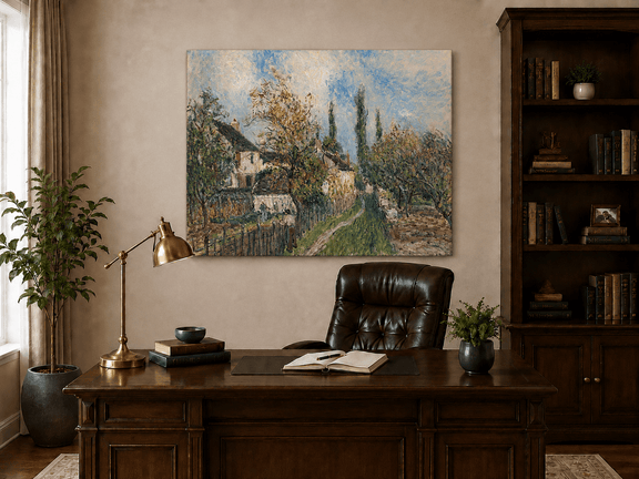 Interior wall art view featuring countryside houses and a garden path in spring oil painting.