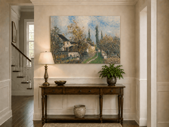 Countryside spring landscape painting shown as decorative oil wall art.