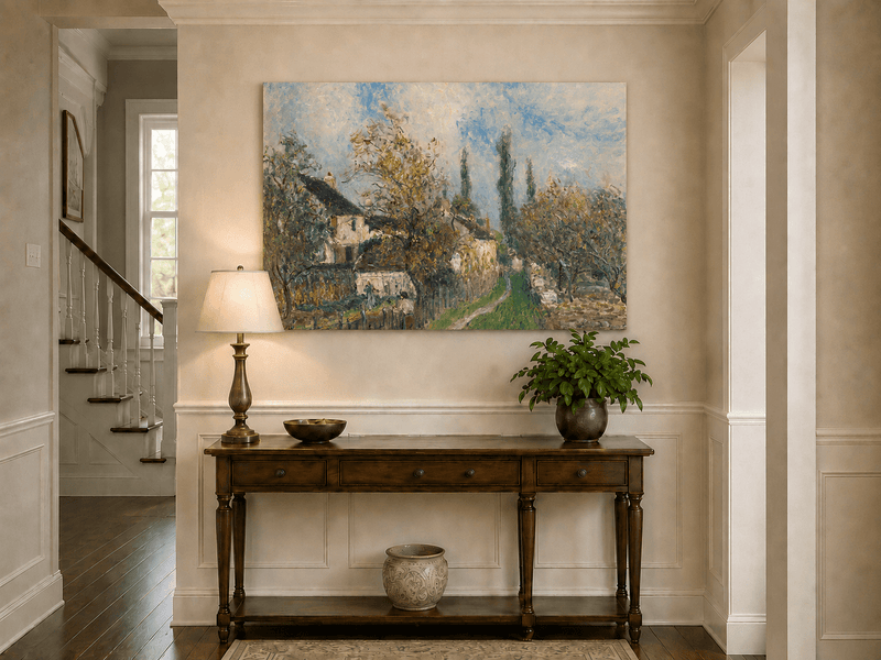 Countryside spring landscape painting shown as decorative oil wall art.