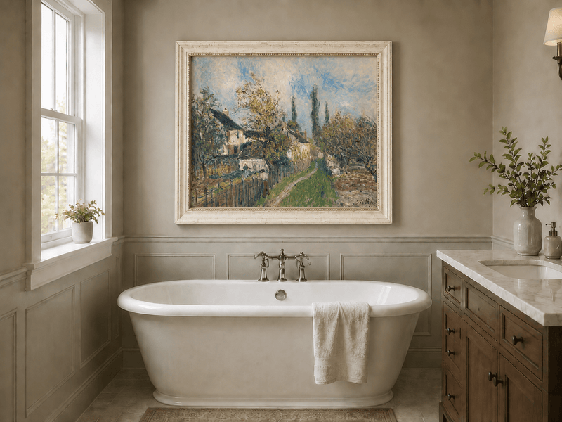 Countryside garden path landscape oil painting presented as interior home decor.