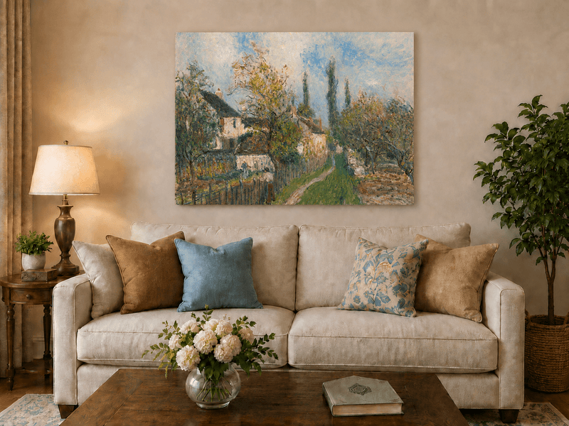 Spring garden path and houses hand-painted oil artwork displayed in a second interior view.