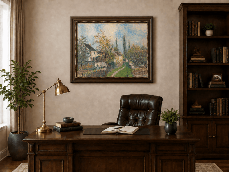 Countryside garden path and houses in spring landscape oil painting presented in an interior wall art mockup.