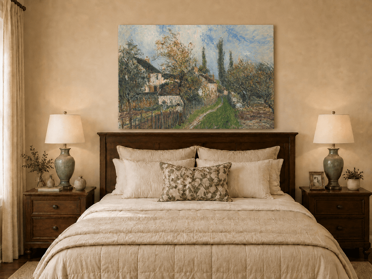 Spring countryside houses oil painting displayed as landscape wall decor.